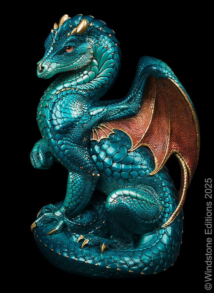 Secret Keeper Dragon fantasy figurine. Hand-painted collectable sculpture by Windstone Editions in teal and copper.