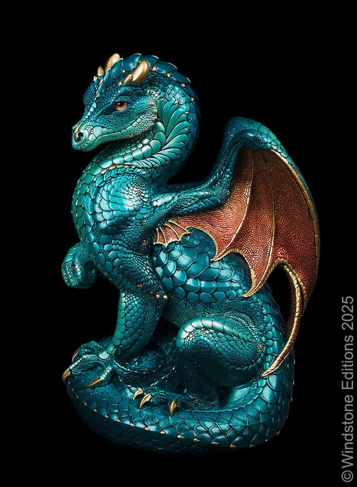 Secret Keeper Dragon fantasy figurine. Hand-painted collectable sculpture by Windstone Editions in teal and copper.