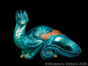 Toaster Dragon fantasy figurine. Hand-painted collectable sculpture by Windstone Editions painted in teal and copper.