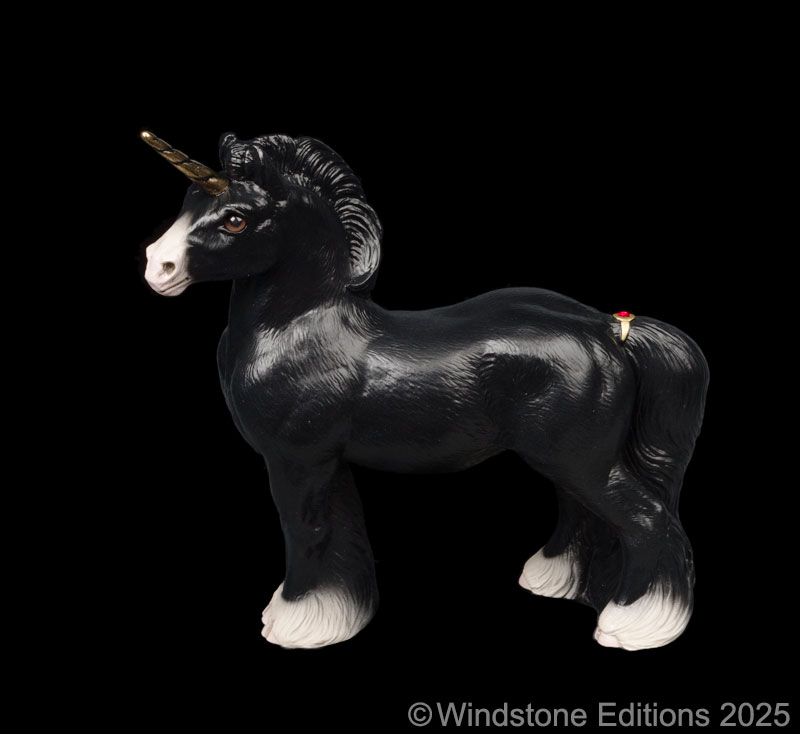 Standing Ponycorn fantasy figurine. Hand-painted collectable sculpture by Windstone Editions in black with gold trim.