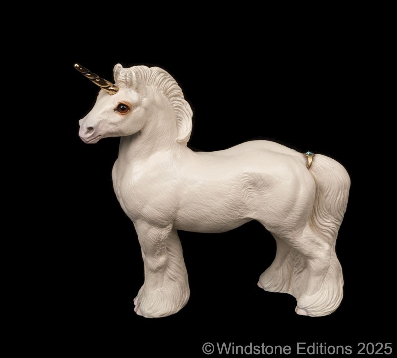 Standing Ponycorn fantasy figurine. Hand-painted collectable sculpture by Windstone Editions in creamy white with gold colored trim.