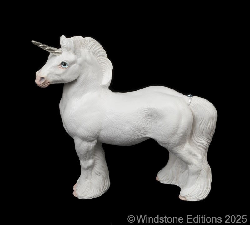 Standing Ponycorn fantasy figurine. Hand-painted collectable sculpture by Windstone Editions in snow white with silver trim.