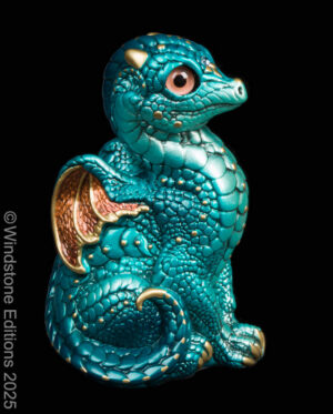 Baby Dragon fantasy figurine. Hand-painted collectable sculpture by Windstone Editions in shades of teal and copper.