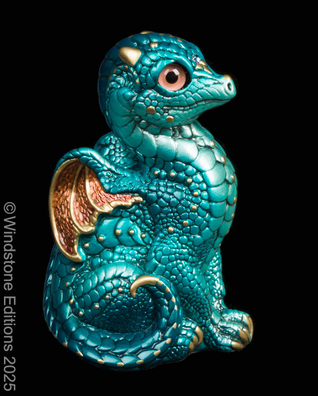 Baby Dragon fantasy figurine. Hand-painted collectable sculpture by Windstone Editions in shades of teal and copper.