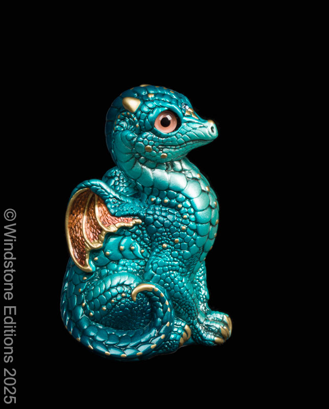 Baby Dragon fantasy figurine. Hand-painted collectable sculpture by Windstone Editions in teal and copper colors.