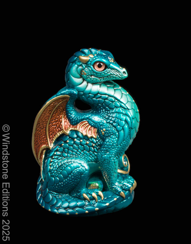 Bantam Dragon fantasy figurine. Hand-painted collectable sculpture by Windstone Editions in teal and copper.