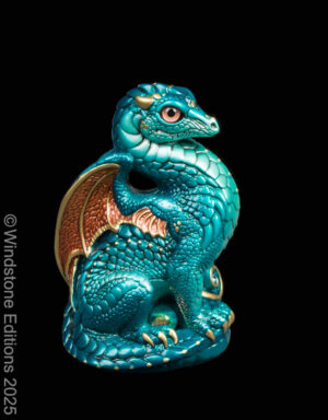 Bantam Dragon Fantasy figurine. Hand-painted collectable sculpture by Windstone Editions in shades of teal and copper.