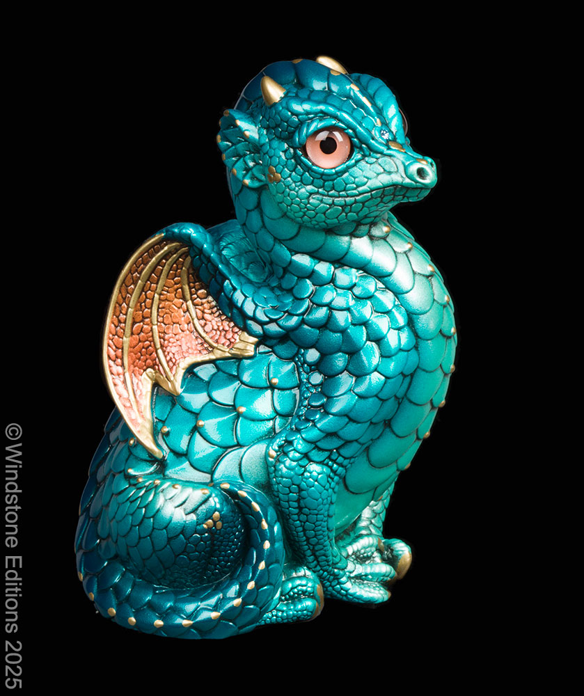Fledgling Dragon Fantasy figurine. Hand-painted collectable sculpture by Windstone in teal and copper.