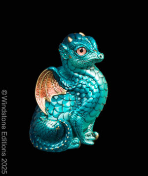 Fledgling Dragon fantasy figurine. Hand-painted collectable sculpture by Windstone Editions in teal and copper colors.