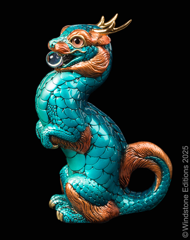 Sitting Young Oriental Dragon fantasy figurine. Hand-painted collectable sculpture by Windstone Editions in shades of teal and copper.