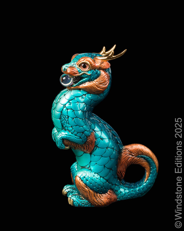 Sitting Young Oriental Dragon fantasy figurine. Hand-painted collectable sculpture by Windstone Editions in shades of teal and copper.