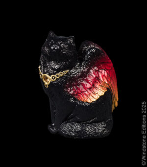 Bird Winged Flap Cat fantasy figurine. Hand-painted collectable sculpture by Windstone Editions in black with red, orange, gold wings.