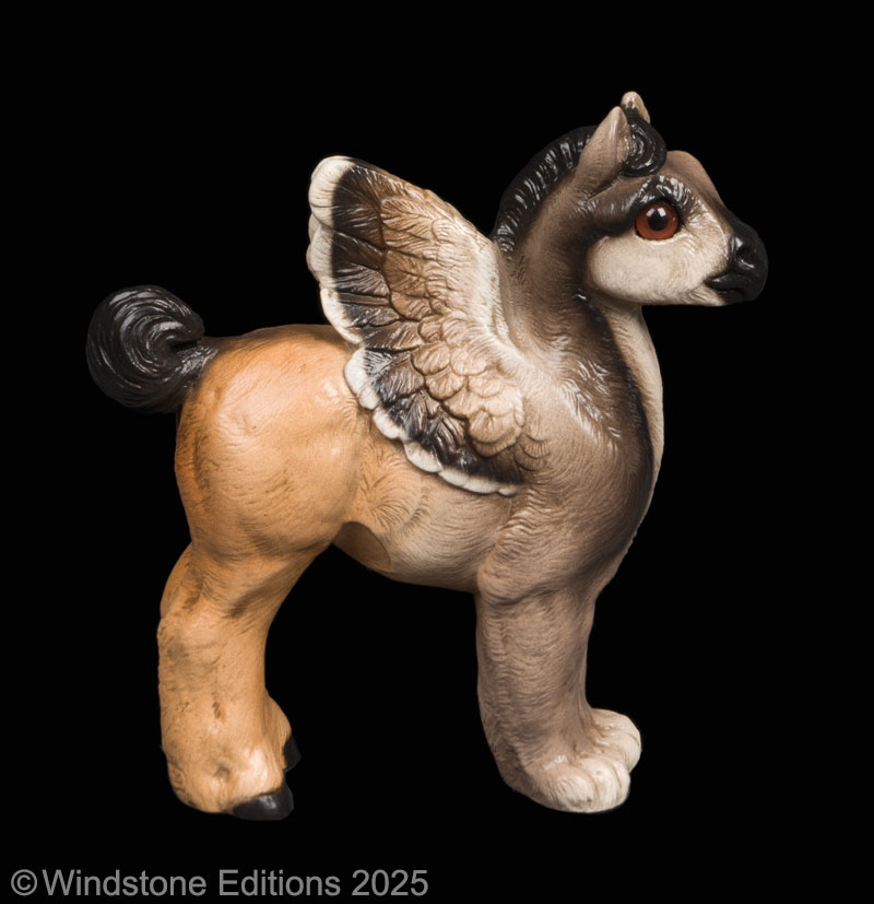 Standing Hippogriff Colt fantasy figurine. Hand-painted collectable sculpture by Windstone Editions in natural gray, tan, and brown.