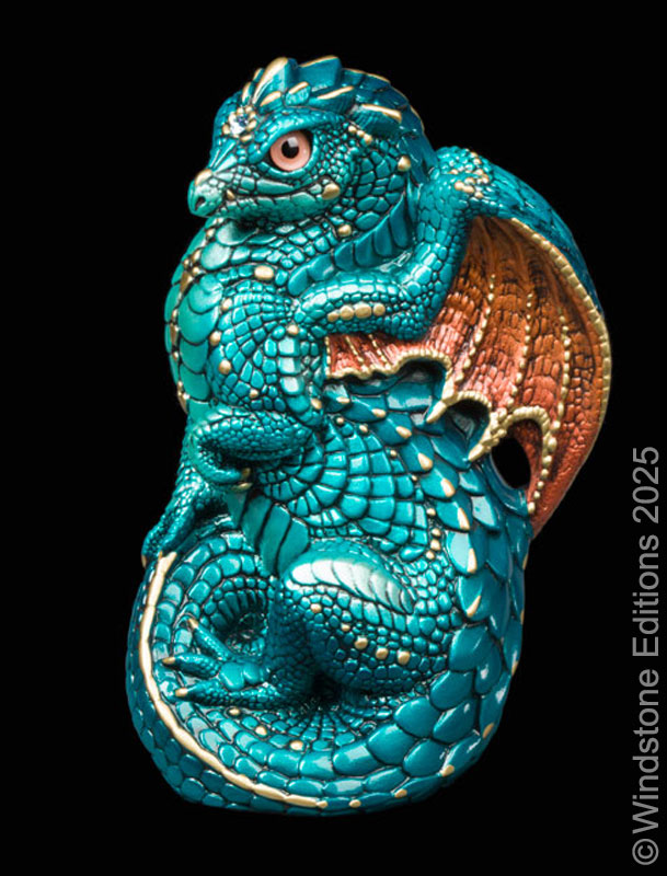 Young Dragon fantasy figurine. Hand-painted collectable sculpture by Windstone Editions in teal and copper.