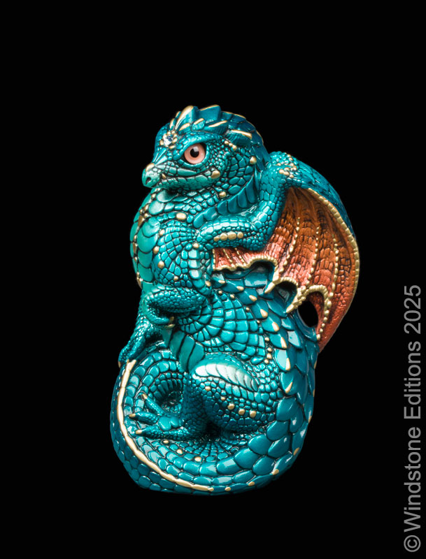 Young Dragon fantasy figurine. Hand-painted collectable sculpture by Windstone Editions in teal and copper.
