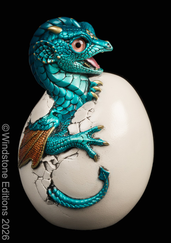 Hatching Emperor Dragon fantasy figurine. Hand-painted collectable sculpture by Windstone Editions in teal and copper colors.