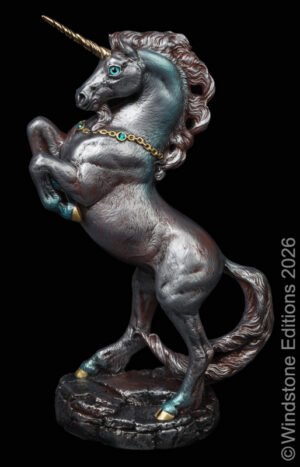 Grand Unicorn fantasy figurine. Hand-painted collectable sculpture by Windstone Editions painted to look like rusty steel.