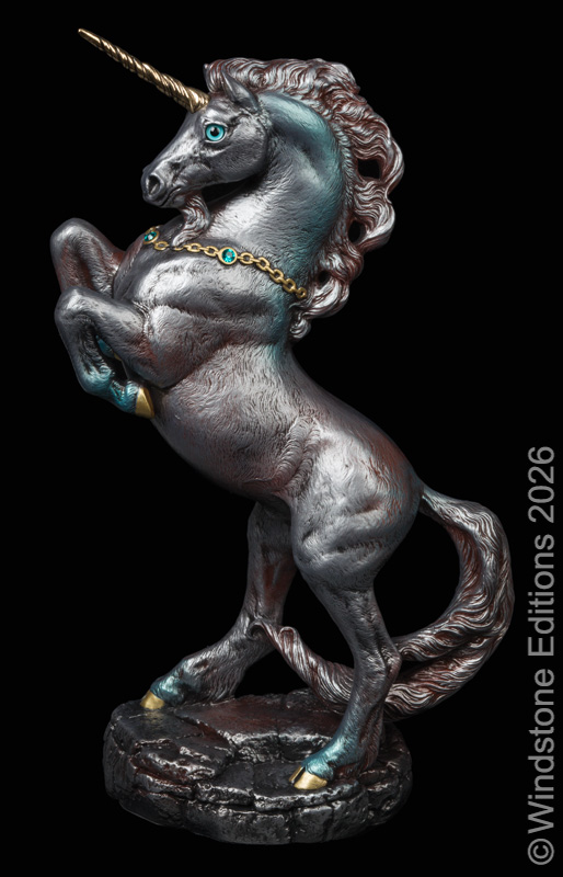 Grand Unicorn fantasy figurine. Hand-painted collectable sculpture by Windstone Editions painted to look like rusty steel.