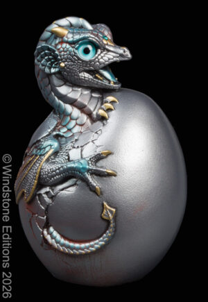 Hatching Emperor Dragon fantasy figurine. Hand-painted collectable sculpture by Windstone Editions painted to look like ancient steel.