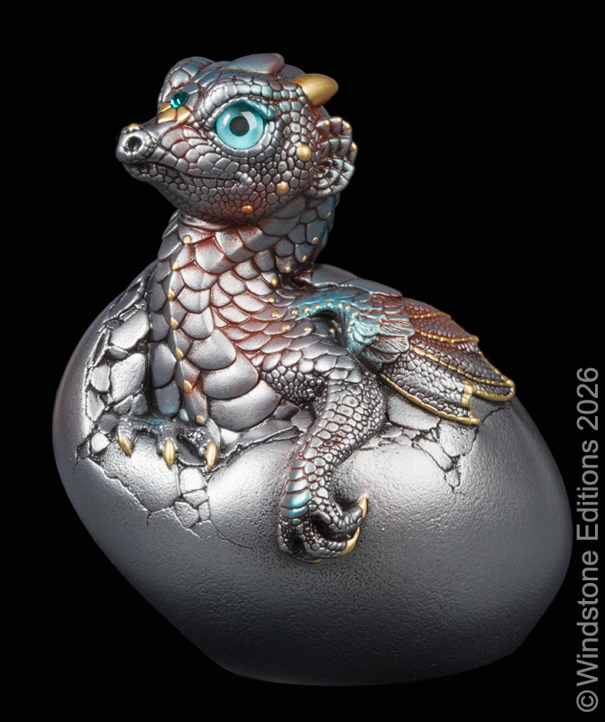Hatching Empress Dragon fantasy figurine. Hand-painted collectable sculpture by Windstone Editions painted to look like ancient steel.