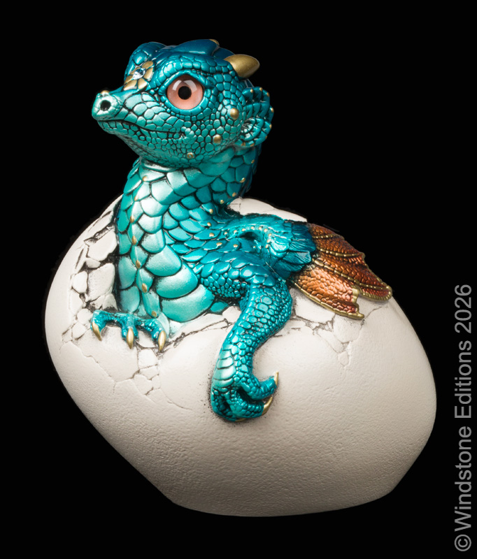 Hatching Empress Dragon fantasy figurine. Hand-painted collectable sculpture by Windstone Editions in shades of teal and copper