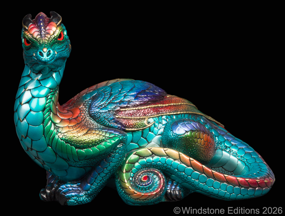 Toaster Dragon fantasy figurine. Hand-painted collectable sculpture by Windstone Editions airbrushed in teal, gold, and copper Calypso colors.