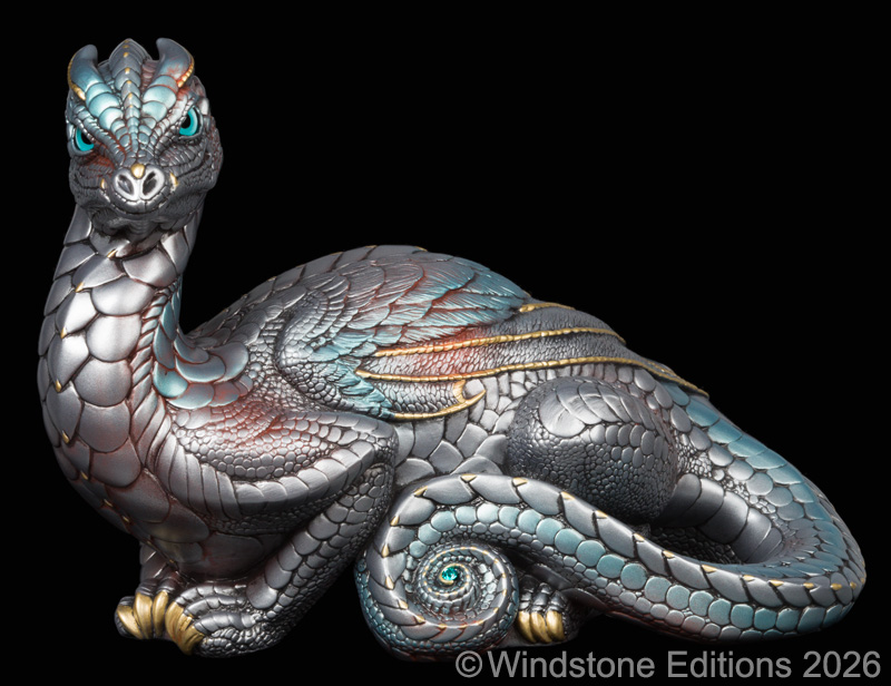 Toaster Dragon fantasy figurine. Hand-painted collectable sculpture by Windstone Editions painted to look like ancient steel.