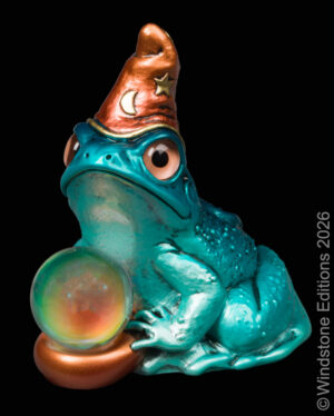 Frog Wizard fantasy figurine. Hand-painted collectable sculpture by Windstone Editions in teal and copper.