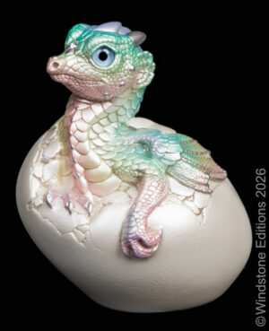 Hatching Empress Dragon fantasy figurine. Hand-painted collectable sculpture by Windstone Editions in pastel rainbow.