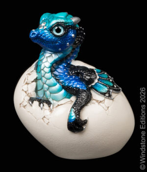 Hatching Empress Dragon fantasy figurine. Hand-painted collectable sculpture by Windstone Editions in blue morpho butterfly color
