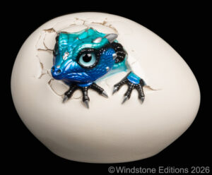 Hatching Kinglet Dragon fantasy figurine. Hand-painted collectable sculpture by Windstone Editions in blue morpho butterfly color