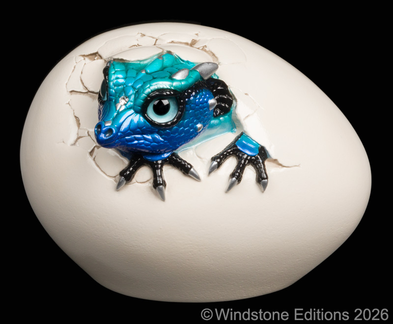 Hatching Kinglet Dragon fantasy figurine. Hand-painted collectable sculpture by Windstone Editions in blue morpho butterfly color