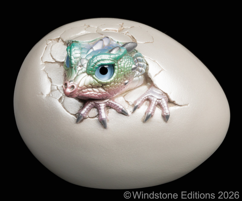 Hatching Kinglet Dragon fantasy figurine. Hand-painted collectable sculpture by Windstone Editions in pastel rainbow