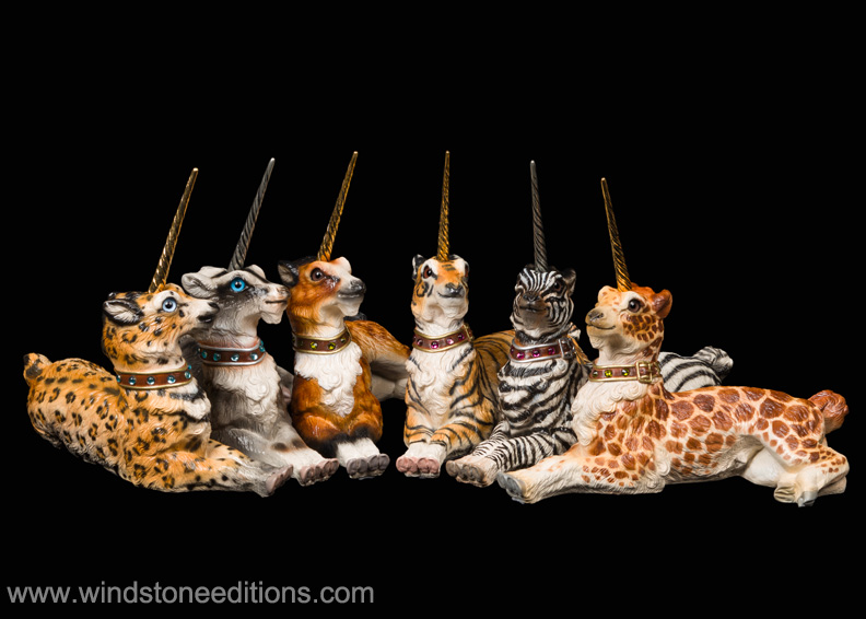 Gothic Unicorn fantasy figurine. Hand-painted collectable sculpture by Windstone Editions in a grab bag of safari patterns.