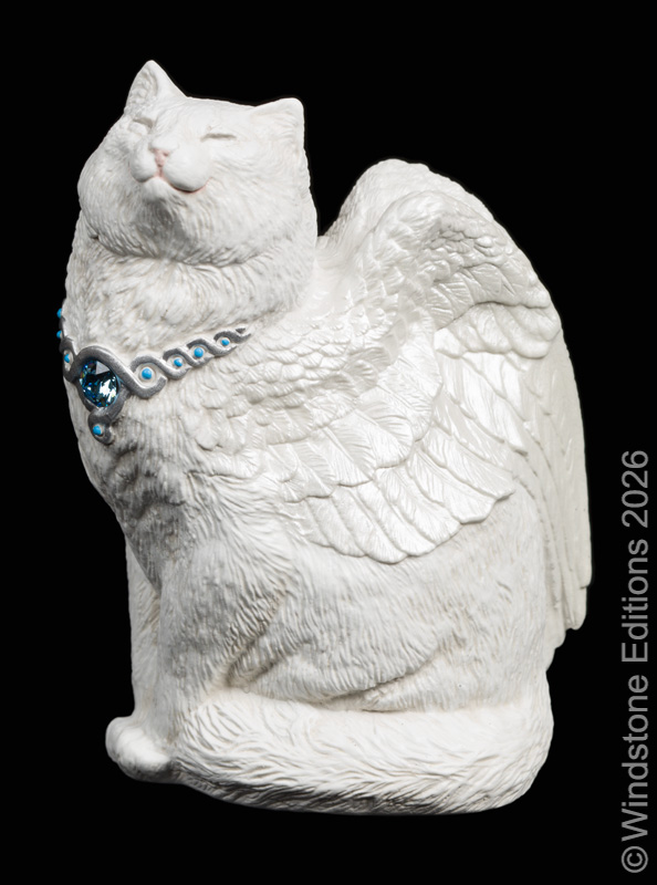 Small Bird Winged Flap Cat fantasy figurine. Hand-painted collectable sculpture by Windstone Editions in white with silver painted trim.