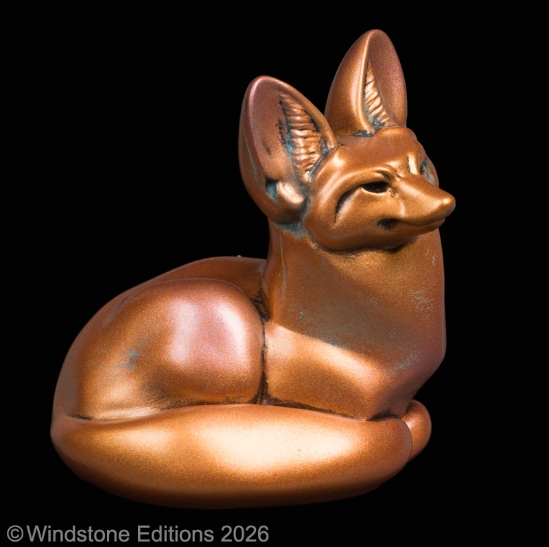 Bat Eared Pebble Fox Copper Patina fantasy animal figurine. Hand-painted collectable sculpture by Windstone Editions painted to look like tarnished copper.