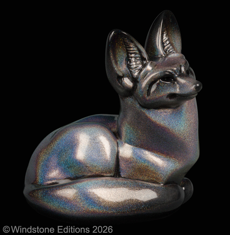 Bat Eared Pebble Fox Rainbow Sparkle fantasy animal figurine. Hand-painted collectable sculpture by Windstone Editions