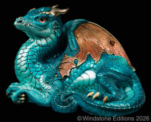Old Warrior Dragon fantasy figurine in Atlantic. Hand-painted Collectible sculpture by Windstone Editions in shade of teal and copper.