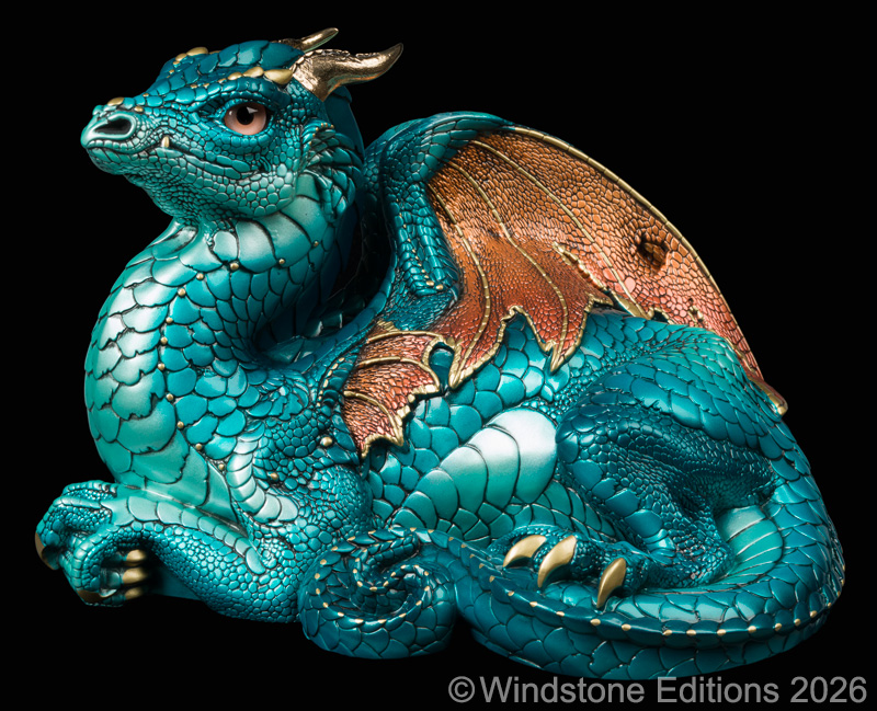 Old Warrior Dragon fantasy figurine in Atlantic. Hand-painted Collectible sculpture by Windstone Editions in shade of teal and copper.