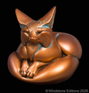 Pebble Fennec fantasy animal figurine. Hand-painted collectable sculpture by Windstone Editions painted to look like tarnished copper.