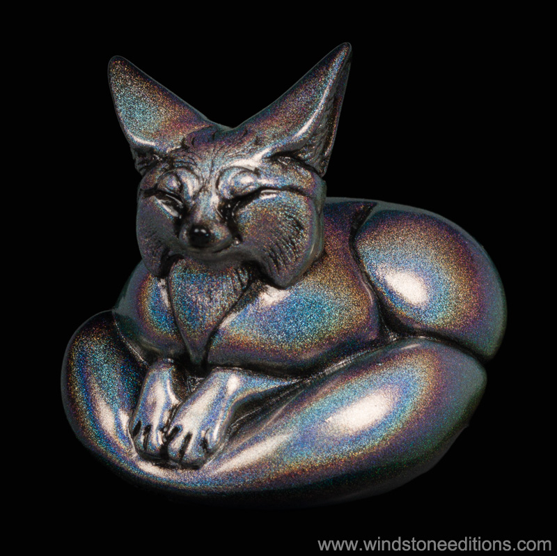 Pebble Fennec Rainbow Sparkle fantasy figurine. Hand-painted collectable sculpture by Windstone Editions.