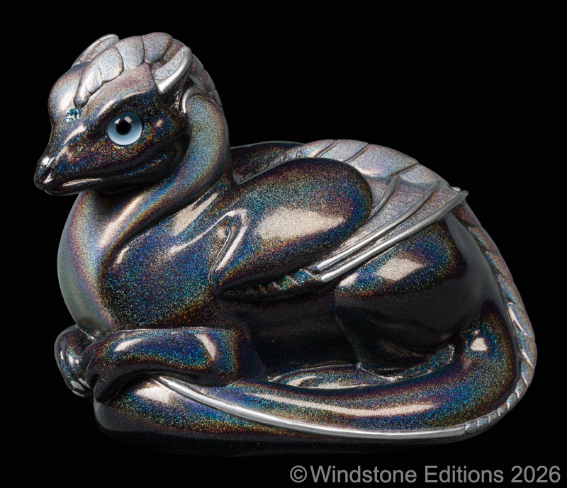 Pebble Loaf Dragon fantasy figurine. Hand-painted collectable sculpture by Windstone Editions in rainbow sparkle.