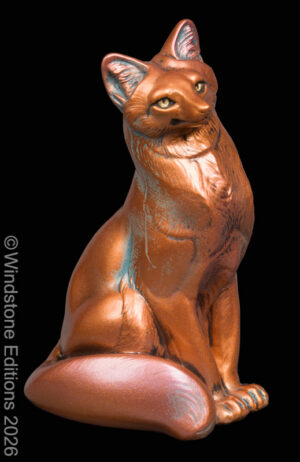 Sitting Grey Fox Copper Patina fantasy animal figurine. Hand-painted collectable sculpture by Windstone Editions painted to look like tarnished copper.
