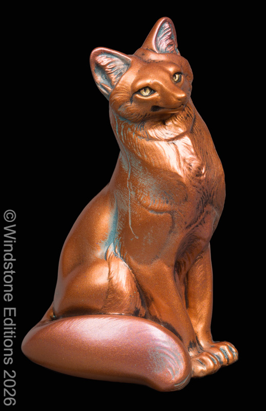 Sitting Grey Fox Copper Patina fantasy animal figurine. Hand-painted collectable sculpture by Windstone Editions painted to look like tarnished copper.
