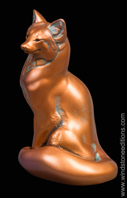 Sitting Red Fox Copper Patina fantasy animal figurine. Hand-painted collectable sculpture by Windstone Editions painted to look like tarnished copper.